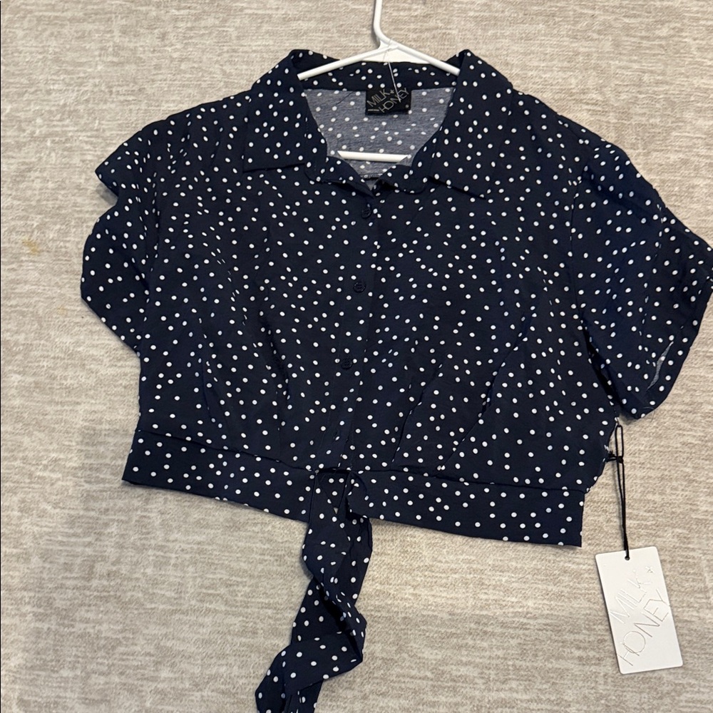 One Clothing Navy and White Dotted Blouse
